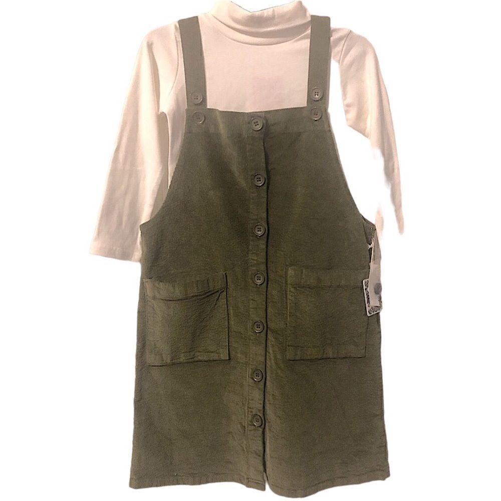 KIDS Girls Chelsea & Violet Sage Green Overall Dress Corduroy Pockets Cl…